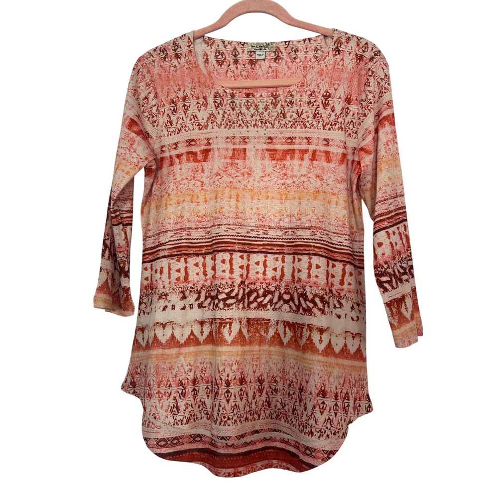 One World Live and Let Live Womens Geometric Red Long Sleeve Beaded Small Boho‎